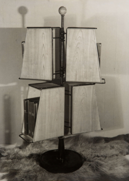 Historic photograph of Bibliothèque Tournante, a book shelf furniture by Janette Laverrière, available via JL Editions 