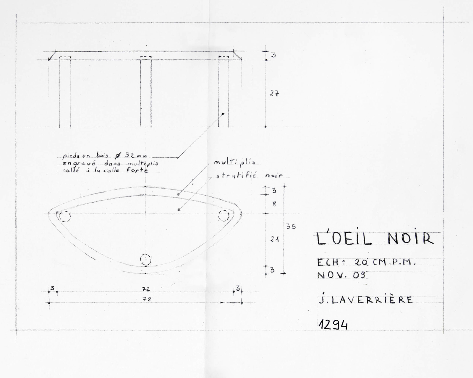 Technical drawing of Black Eye Table, a coffee table by Janette Laverrière, available via JL Editions