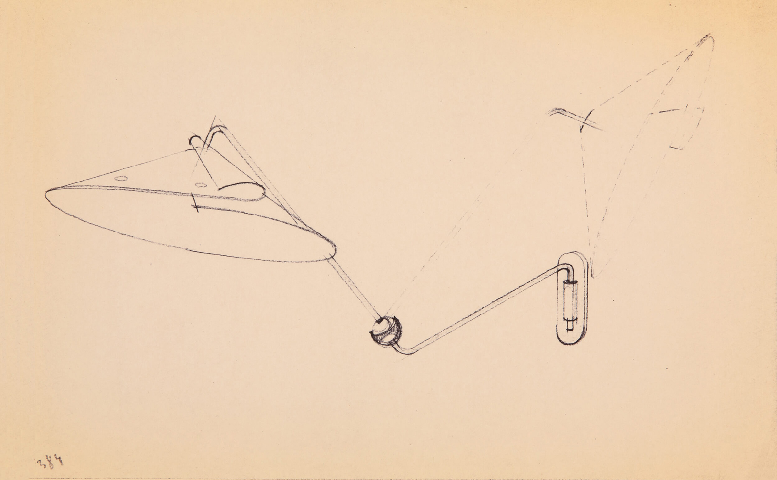 Technical drawing of Chapeau Chinois II, a swing-arm wall lamp by Janette Laverrière, available at JL Editions