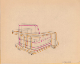 Technical drawing of Fauteuil Cognac, an upholstered armchair by Janette Laverrière, available via JL Editions 